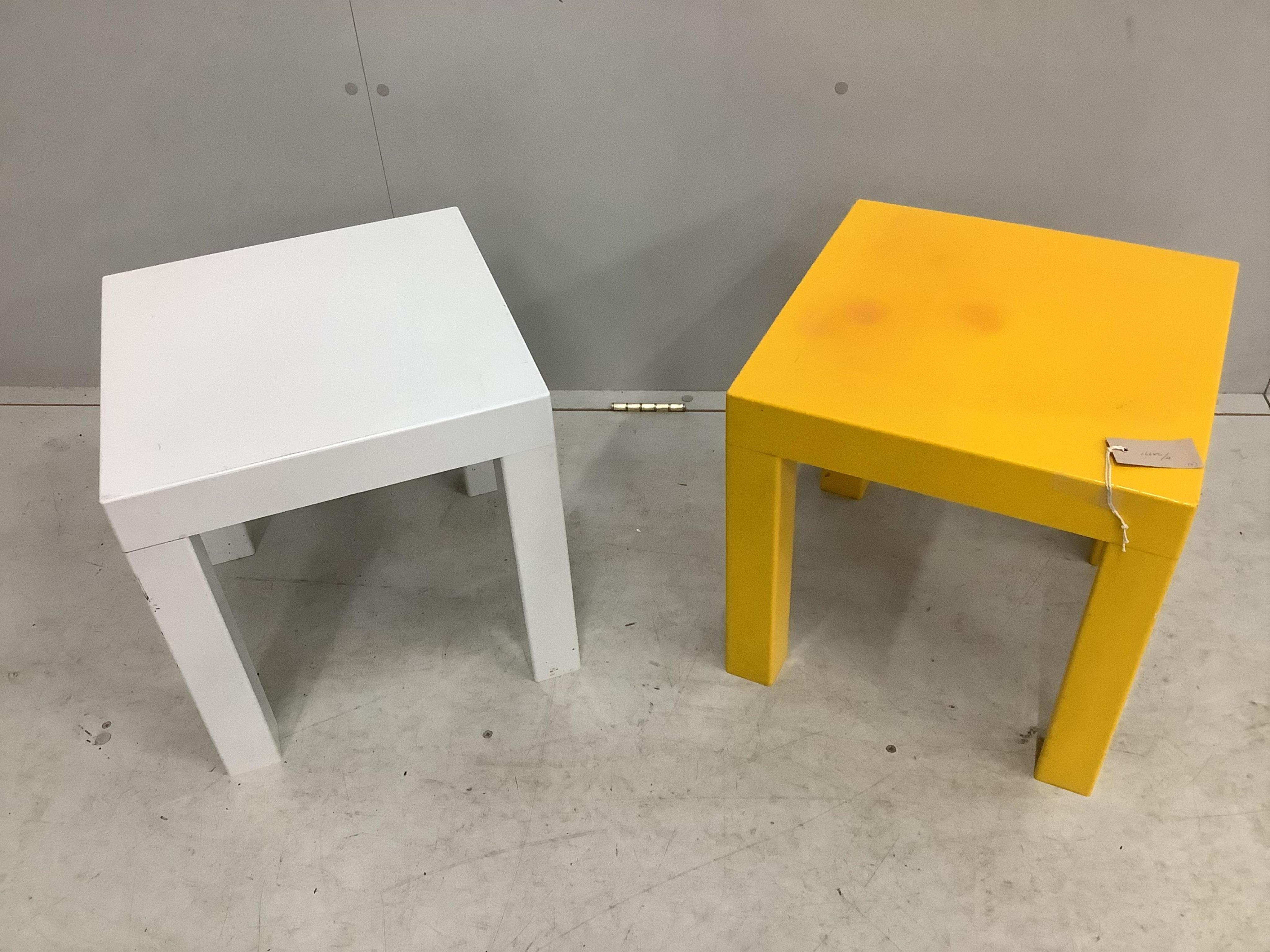 Two vintage plastic side tables by Marinha Grande, Portugal, 1970's, width 40cm, depth 40cm, height 40cm. Condition - fair